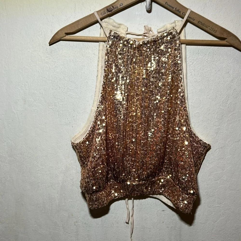 Free People Gold Sleeveless Halter Sequin Top Size XS NWT